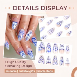 Blue White Totem Press on Nails French Tip Fake Nails Medium Almond False Nails with Design Bow Glue on Nails 3D Embossed Flowers Snake Stick on Nails Handmade False Nails for Women Acrylic Nails