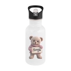 Personalisierte Trinkflasche Kinder Edelstahl [ 400ml ] - Robuste Trinkflasche mit Namen und Teddy - Wasserflasche mit Trinkhalm - Personalisierte Geschenke für Kinder (Rosa)