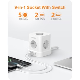 9-in-1 Socket Cube with USB C, 5-Way Multiple Plug Socket with Switch, Power Strip, Surge Protection with 4 USB, Distribution Socket 2 m for Home (White)