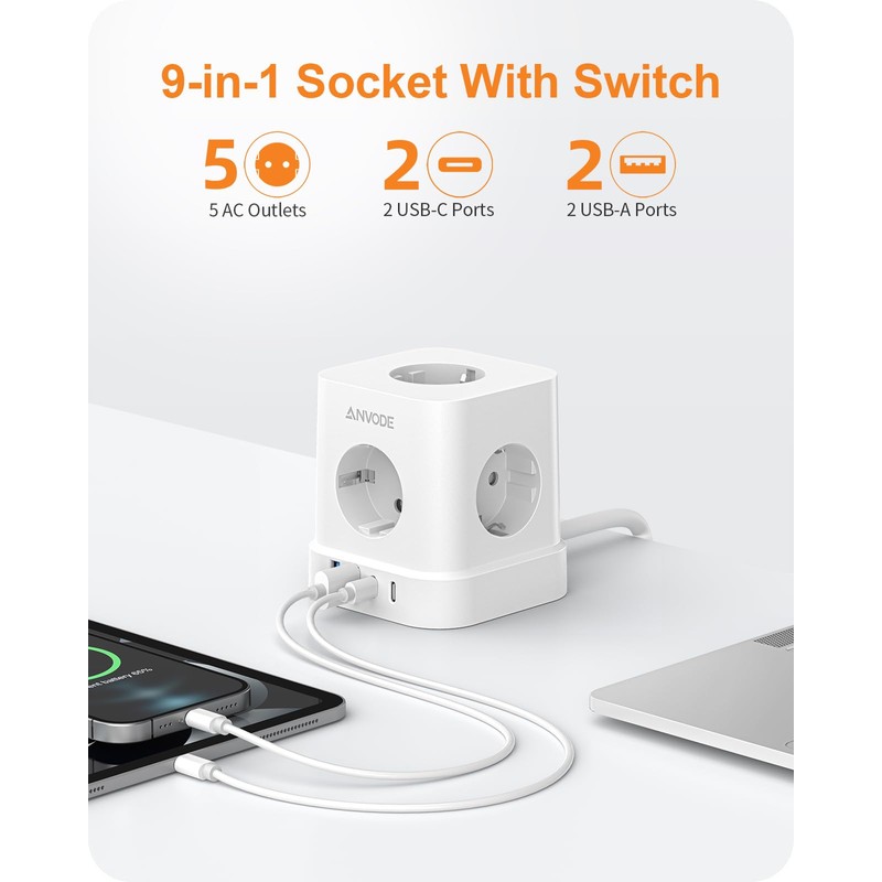 9-in-1 Socket Cube with USB C, 5-Way Multiple Plug Socket