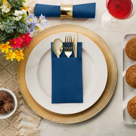Disposable Linen-Feel Dinner Napkins With Built-in Flatware Pocket, 50-Pack BLUE Prefolded Cloth Like Paper Napkins For Wedding, Dinner Or Party
