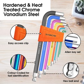 DIY Doctor Hex Allen Key Set (9 Pieces) - Ranges from 1.5mm to 10mm in Diameter - Allen Keys Sets - Hex Key Set - Long Allen Key Set - Ball End Allen Key Set - Colour Coded
