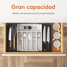 Lifewit Organizador de Cubiertos, Bandeja para Cubiertos Extensible, Cubertero para Cajón para Menaje, Organizador de Cubertería Ajustable para Cucharas Tenedores Cuchillos, Grande, Blanco y negro