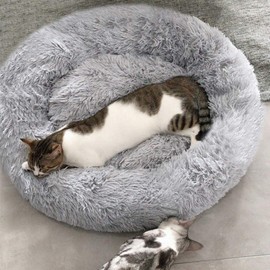 BODISEINT Faux Fur Dog Bed Cat Bed,Shag Round Anti-Anxiety Pet Calming Bed Doughnut Cuddler for Medium Large Puppy Dog Cat Kennel Cushion Self Warming Bed(L(27.6" Dx7.9 H), Light Grey)