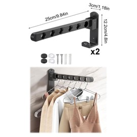 MINZHI Pack of 2 Folding Clothes Hooks, Black, 6 Holes, Wall Clothes Rail, Wall Mounting, Folding Hooks, with Mounting Screws, Suitable for Bathrooms, Dormitories and Balconies