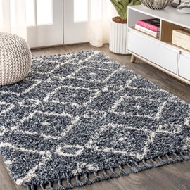 JONATHAN Y MCR105A-4 Mercer Shag Plush Tassel Moroccan Diamond Indoor Area-Rug Distressed Bohemian Easy-Cleaning High Traffic Bedroom Kitchen Living Room, 4 ft x 6 ft, Denim Blue/Cream