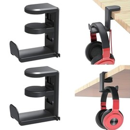 JZS No-Punch Headphone Holder 2-Pack with Rotating Adjustable Hook Headset Stand Clip Under Desk Easy Installation Black