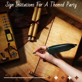 Epakh 2 Blank Scroll Paper with Wood Rods and 1 Feather Pen Set 7.5 x 30-32 Inches Scroll Prop Calligraphy Quill Pen with Nibs Inkwell Stand for Nice List Wedding Vows Writing Cosplay Prop Invitation