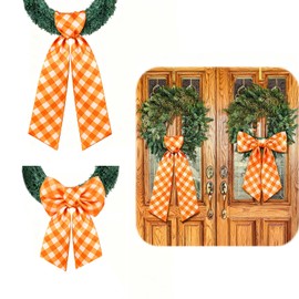 Wreath Sash for Front Door Orange and White Plaid Garland Ribbon Accessories for Wreath Yard Doorway Indoor Outdoor Bow Bridal Shower Home Decoration (Orange White)