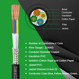 MOOKEERF 22/4 22AWG 4 Core Shielded Wire 30FT,22 Gauge Shielded Cable UL2464 Stranded Pure Copper CNC Wire for CNC Router Machine,CNC VFD Spindle,3D Printer,Stepper Motor,Transformer,etc