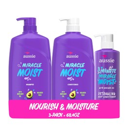 Aussie Miracle Moist Shampoo, and 3 Minute Miracle Deep Conditioner Hair Treatment Bundle, Infused with Avocado & Australian Jojoba Oil, Paraben Free, White, Citrus, 3 Piece Set