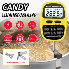 Efeng Waterproof Programmable Digital Candy Thermometer for Candy Making with 9.5" Probe, Alarm Function, Rotatable Large Display for Candy Making, Meat Cooking,Sugar, Liquid Making (Yellow)