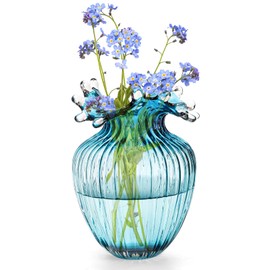 ZAVOOS Hand Blown Glass Vase, Modern Art Decorative Blue Vase for Flower Plants, Unique Bubble Waves Mouth Vase for Home Decor, Living Room Centerpieces, Table Bouquet, Wedding Decoration