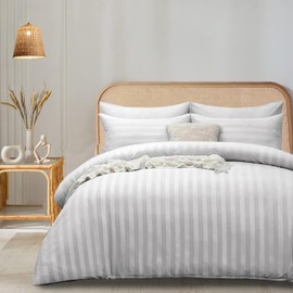 funky gadgets King Size Duvet Cover Sets White, Microfiber Satin Stripe Duvet Cover Luxury Hotel Bedding Set with Pillowcases Breathable Ultra Soft Reversible Quilt Covers.
