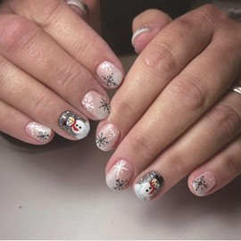 Christmas Press on Nails Short Almond False Nails White Fake Nails with Xmas Snowman Design Glitter Artificial Nails Acrylic Glue on Nails Short Acrylic Nails Christmas Stick on Nails for Women
