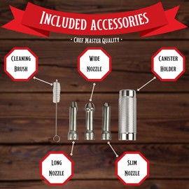 Chef Master 90079 Whipped Cream Dispenser, 1 Liter / 2 Pint Stainless Steel Whip Cream Dispenser w/Cleaning Brush, Decorating Tip for Cakes, Coffee, Waffle & Latte for Hotel, Restaurant & Coffee Shop