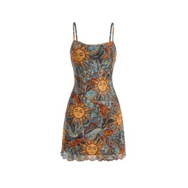 Milumia Women's Vintage 90s Mini Dress Spaghetti Strap Boho Mesh Short Dresses Allover Sun Print Multicolor X-Small