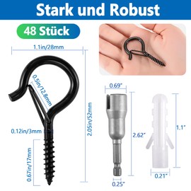 Loppdece Pack of 48 Hooks for Screws, Screw Hooks, Black, Stainless Steel Hook Screws with Fuse, Q-Hanger Screw Hooks, Heavy Duty for Plant Baskets, Bird Feeders, Wind Chimes, Fairy Lights