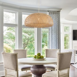 Hchunqjor Bamboo Plug in Pendant Light with 14ft Handmade Woven Light Cord, Dimmable Switch, Rustic Basket X-Large Hanging Lamp for Bedroom Kitchen Island Dining Room Living Room, 23.6 inch Width