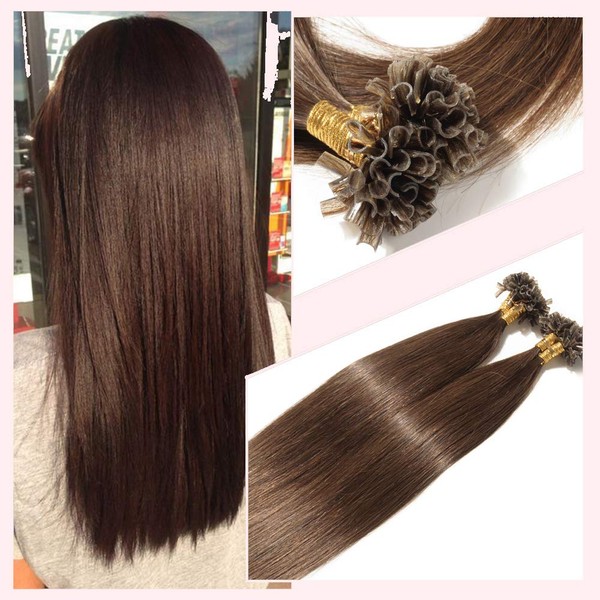 Elailite U-Tip Real Hair Bonding Extensions, Keratin Hair Extensions, Straight, 200 Strands, 100 g, 24 Inches / 60 cm, 2 Sets #4 Medium Brown