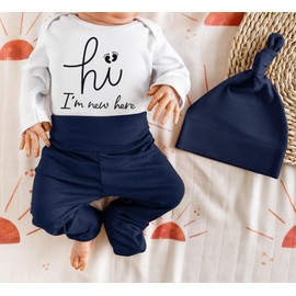 AGAPENG Baby Boy Clothes 0-3 Months Hi I'm New Here Newborn Outfit Letter Print Long Sleeve Romper Onesie + Navy Blue Pants with Hat 3Pcs Gifts