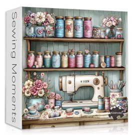 Vintage Sewing Machine 1000 Piece Puzzle for Adults，PICKFORU Sewing Puzzle Flower Thread Jars Teacup，Retro Floral Cozy Craft Room Challenge Jigsaw Puzzle