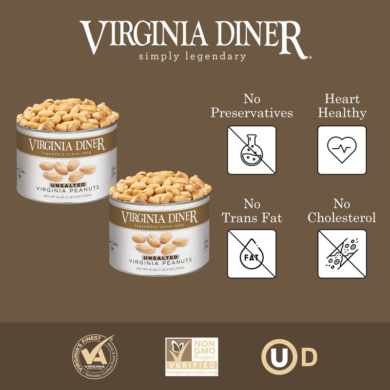 Virginia Diner Unsalted Gourmet Peanuts Blister Roasted XL Virginia Nuts
