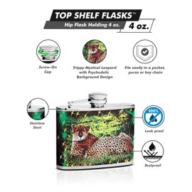 4oz Hip Flask - Trippy Mystical Leopard with Psychedelic Background Design - Pocket Size, Stainless Steel, Leak Proof, Screw-On Cap - Green, Yellow, Black, Brown and White Wrapped Vinyl Finish