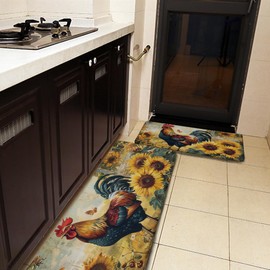 Colorful Rooster Sunflower Natural Scenery Carpet Set of 3, Rooster Kitchen Carpet Suitable for Shower Mat Kitchen Bathroom Farmhouse Kitchen Mat Floor Carpet 17"x 47"+17"x 24"