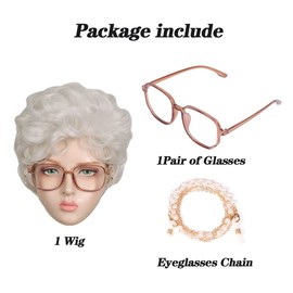 ColorGround Short Curly Silvery White Old Lady Wig with Glass and Eyeglasses Chain for Party