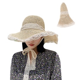 Elegant Summer Straw Hat Women Wide Brim Sun Hats Lace Woven Straw Hat Packable Breathable Floppy Princess UV Protection Hat Windproof Rope Roll Up Casual Fashion Travel Beach Cap Outdoor Pool Hat
