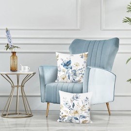Bonhause Set of 2 Cushion Covers Flowers Blue 45 x 45 cm Watercolour Flower Leaves Decorative Cushion Covers for Sofa Bedroom Living Room Garden Home Decoration