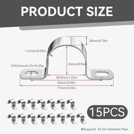 15Pcs Pipe Clamps, 25mm 304 Stainless Steel Pipe Clip 2 Holes Tube Straps Heavy Duty Metal U Bracket Ring Hose Clamp Card Saddle Clip Rigid Pipeline Strap for Installing Gas,Qater or Hose Pipes