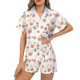 YSBKN Cats And Flowers White Women’s Pajama Set 2 Piece Loungewear Short Sleeve Soft Satin Sleepwear with Pockets L