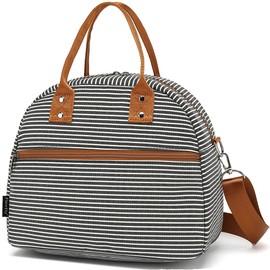 FlowFly Insulated Lunch Bag With Shoulder Strap for Women, Men, and Kids, Large and Reusable, Handle, Freezable Work and School Travel Tote and Meal Prep Organizer,White and Black Stripes