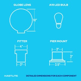 KASTLITE 10" Globe Pier Mount Outdoor Lighting with LED Lamp | UV & Waterproof Pillar & Column Lights | Deck Driveway Yard Patio & Garden Fixture | Made in USA | Smoke Cover, Black Basic Base