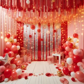 Metallic Tinsel Curtains Red 1M x 2M Foil Flow Curtain Background Streamer Birthday Party Backdrop Wedding Holiday Christmas Graduation Decoration Pack of 1