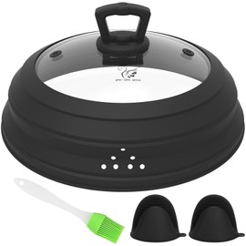 Microwave Splatter Cover Glass 11.8 Inch Microwave Cover for Food with Handle Collapsible Silicone Microwave Cover with Steam Vent for Pot Plate Bowl (Black)