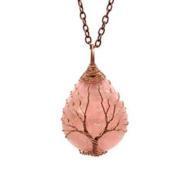 Women Heart Shaped Tree of Life 7 Chakra Clear Natural Quartz Energy Healing Crystal Pendent Necklace 18" Chain (Shell-Pink)