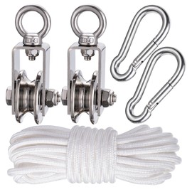 KCNOFNC 40 mm Pulley with 2 Ball Bearings, Fitness Pulley with 10 m Nylon Ropes and Clip, Pulleys for 8 mm Ropes, Steel Cable, Load Capacity 200 kg, Pack of 2