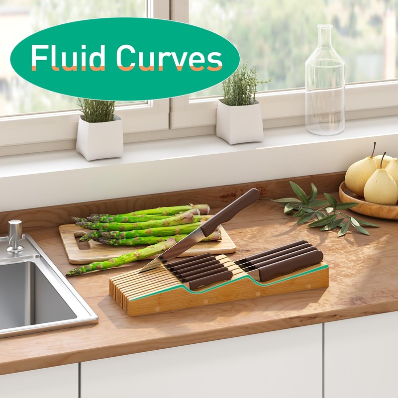 Knife Drawer Organizer Insert, Bamboo Wood Knife Holder, Knife Block