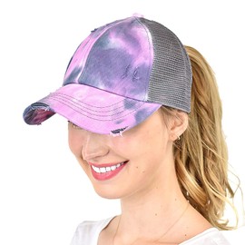 C.C Gorra de béisbol de malla ajustable con cola de caballo y moño alto, Criss Cross Malla Tie Dye Gris, Talla única