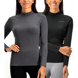 DEVOPS Women's 2 Pack Thermal Turtle Long Sleeve Shirts Compression Baselayer Tops (X-Large, Black/Heather Stripe)