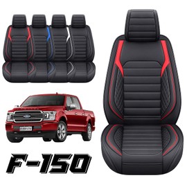 YIERTAI Truck Seat Covers Compatible with Ford F150 for 2009-2025 F150 2017-2025 F250 F350 F450 Crew Cab Supercab Super Duty King Ranch Lariat Limited Waterproof Leather(2 PCS Front/Black-Red)