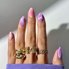 Purple Gradient Press on Nails Short Oval Fake Nails with Pastel Glossy Designs 24 Pcs Natural Reusable Almond Acrylic Nail Full Cover Stick on Nail for Women WYFHDT