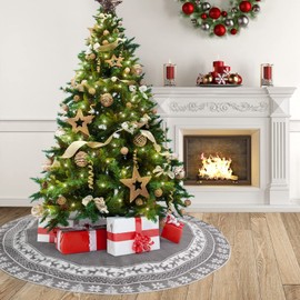 Weldomcor Christmas Tree Skirt 90 cm Knitted Christmas Tree Skirt Pad Round Elk Snowflakes Large Tree Mat for Christmas New Year Decoration, Grey