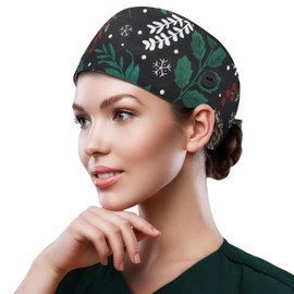 QBA Adjustable Working Cap with Button, Satin Lined Scrub Hat, Cotton Working Hat Sweatband, Elastic Bandage Tie Back Hats for Women & Men, One Size, #Satin-Lined X'Mas Tree