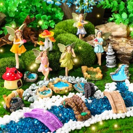 19 Pcs Fairy Garden Figurines Set Resin Miniature Garden Mushroom House Figures Mini Pond Lawn Bridge Water Well Lighthouse Water Well Bridge Figurines Ornament for Plant Pots Bonsai Craft Decor