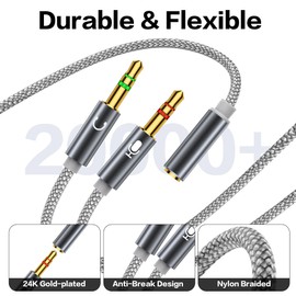 YACSEJAO 3.5mm Splitter Mic and Audio 2Pack Mic and Headphone TRRS Splitter 1/8 Inch Female to 2 Dual 3.5mm Male PC Headset Braided Adapter Cable（Grey + Black）