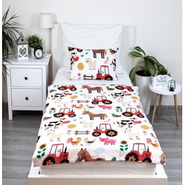 Theonoi Children's Bed Linen 100 x 135 cm Toddler Baby Bed Linen Set Duvet Cover Made of Cotton Oeko-Tex Standard for Boys and Girls Farm Animals Tractor